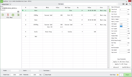 typical battery cycle-life test recipe on Neware BTS9000: discharge, charge, cycle.