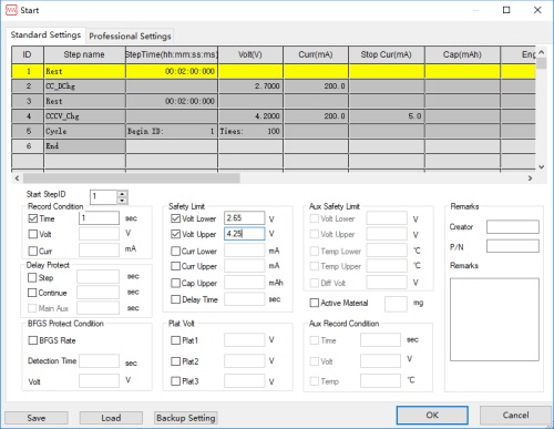 typical battery cycle-life test recipe: discharge, charge, cycle.