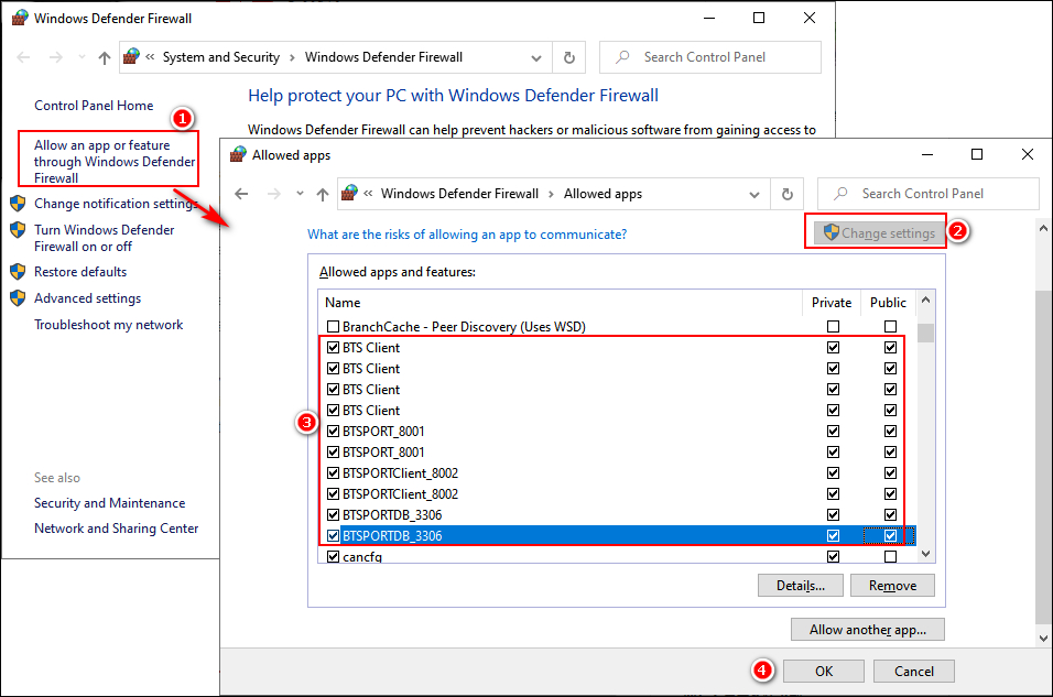 Add BTS to Windows firewall allow list